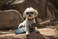 dog with guitar and rock sign, ready for music video shoot