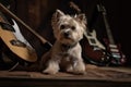 dog with guitar and rock sign, ready for music video shoot