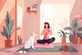 woman dog lifestyle cartoon body fitness yoga puppy home sport training. Generative AI.