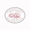 Dog Hair Saloon Frame Badge or Logo Template. Hand Drawn Cockapoo Breed Puppy and Adult Face Sketch with Retro