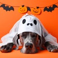 dog in halloween costume over an orange background and some spooky ornaments