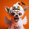 dog in halloween costume over an orange background and some spooky ornaments