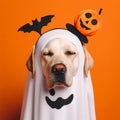 dog in halloween costume over an orange background and some spooky ornaments