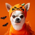 dog in halloween costume over an orange background and some spooky ornaments