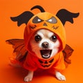 dog in halloween costume over an orange background and some spooky ornaments