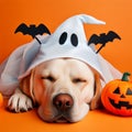 dog in halloween costume over an orange background and some spooky ornaments