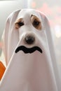 DOG HALLOWEEN GHOST COSTUME PARTY, ISOLATED AGAINT DEFOCUSED BACKGROUND Royalty Free Stock Photo