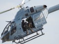 Dog handler of a counterterrorism unit of the Belgian Federal Police in a helicopter. Royalty Free Stock Photo