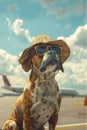 Dog in hat in airport background