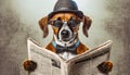 A dog in a hat and glasses reads a newspaper
