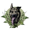 Dog head breed Sheepdog with protruding tongue composition decorated with birch branches and leaves