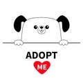 Dog head face head. Hands paw holding line. Adopt me. Help homeless animal Pet adoption. Red heart. Cute cartoon puppy character. Royalty Free Stock Photo