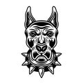 Dog head in spiked collar front view vector illustration in vintage monochrome style isolated on white background