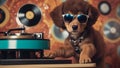 dog with headphones A grooving puppy wearing a tiny afro wig and sunglasses, standing on a retro vinyl record player, Royalty Free Stock Photo