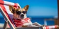 dog relax vacation lazy funny chair summer beach sunglasses pet. Generative AI. Royalty Free Stock Photo