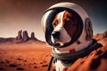 Dog In Helmeted Spacesuit Freefall In The Background. Generative AI