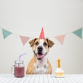 Dog and her birthday treat in form of a festive cake and a drink Royalty Free Stock Photo