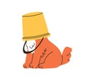 Dog hides head in bucket. Cute funny doggy, amusing puppy. Psychology, zoopsychology, fear, anonymity, incognito concept