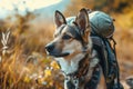 Dog hiker with backpack in adventures Royalty Free Stock Photo