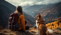 A dog hiking, looking at mountain beauty, enjoying nature generated by AI