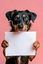 Dog holding empty white sign in front of pink studio background Royalty Free Stock Photo