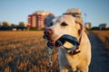 Dog holding leash in mouth