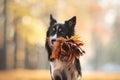 The dog holds yellow leaves in the tooth. Border Collie in the park. autumn mood, Royalty Free Stock Photo