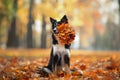 The dog holds yellow leaves in the tooth. Border Collie in the park. autumn mood, Royalty Free Stock Photo