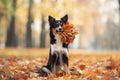 The dog holds yellow leaves in the tooth. Border Collie in the park. autumn mood, Royalty Free Stock Photo