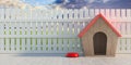 Dog house at home backyard, wooden fence background. 3d illustration