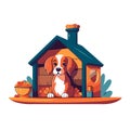 Dog House Illustration of a cartoon funny doghouse with dish for dog meal and stake with leash attached