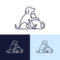 Dog hugging cat line art illustration, pet logo design illustration with color variations, animal rescue, veterinary or pet