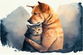 The dog hugs the cat. Sweet postcard. AI render.