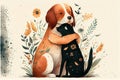 The dog hugs the cat. Sweet postcard. AI render.