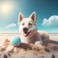 Dog Husky Pal Summer Activity. Siberian Husky Cute Dog Puppy Breed Laying In Beach Sand