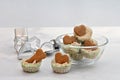 Dog ice cream cookies in a glass bowl. Heart and Bone shaped cookies on top