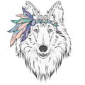 Dog in the Indian dressing with feathers . The leader of the tribe. Vector illustration for greeting cards , posters or prints on