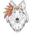 Dog in the Indian dressing with feathers . The leader of the tribe. Vector illustration for greeting cards , posters or prints on