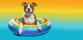 dog inside a rainbow inflatable swimming pool ring in swiming pool. Horizontal banner. The concept of a summer holiday by the sea Royalty Free Stock Photo