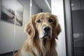 A dog with its face blurred is inside a modern building, creating a mysterious and intriguing atmosphere