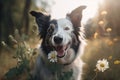 a dog with its mouth open and a flower in its mouth