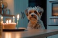 Dog itting in front of birthday cake.