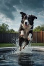 Energetic Border Collie Dog Jumping into a Pool on a Cloudy Day Royalty Free Stock Photo