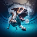 the dog jumped for the ball in the water Royalty Free Stock Photo