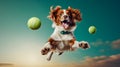 Dog jumping in the air with ball in it\'s mouth Royalty Free Stock Photo