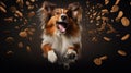 Dog jumping in the air, small orange fluffy dog. hungry, playing, puppy fly with pet food.