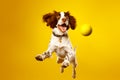 Dog is jumping in the air to catch ball with its paws. Generative AI Royalty Free Stock Photo