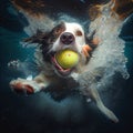 Dog jumps into water to catch ball underwater Royalty Free Stock Photo