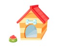 Dog kennel with bowl. Wooden doghouse with red roof isolated in white background. Vector illustration