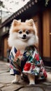 Dog in kimono or yukata, elegant shot haired white Pomeranian dog wearing colorful silk outfit, AI generative